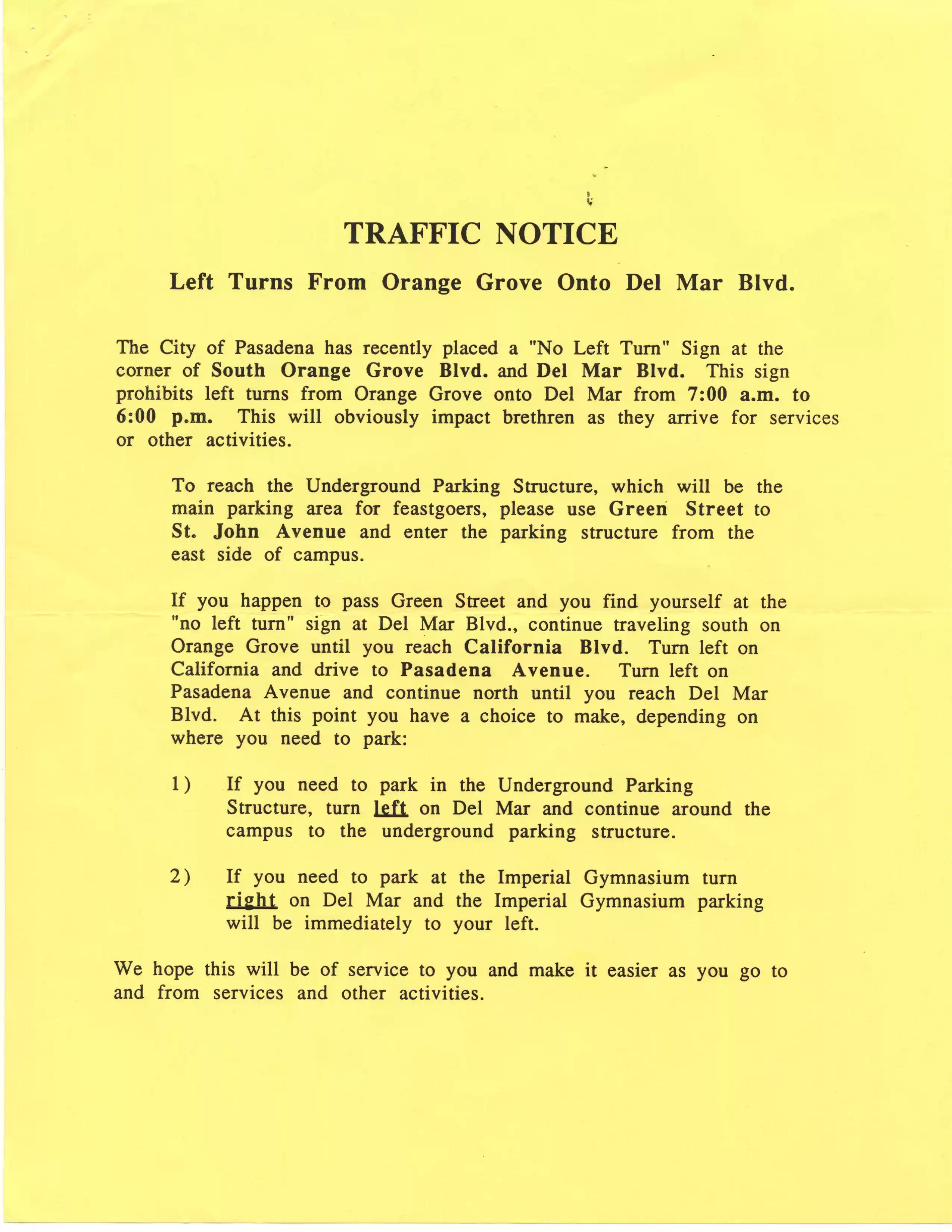 1. FT bulletin Pasadena traffic notice, 1988